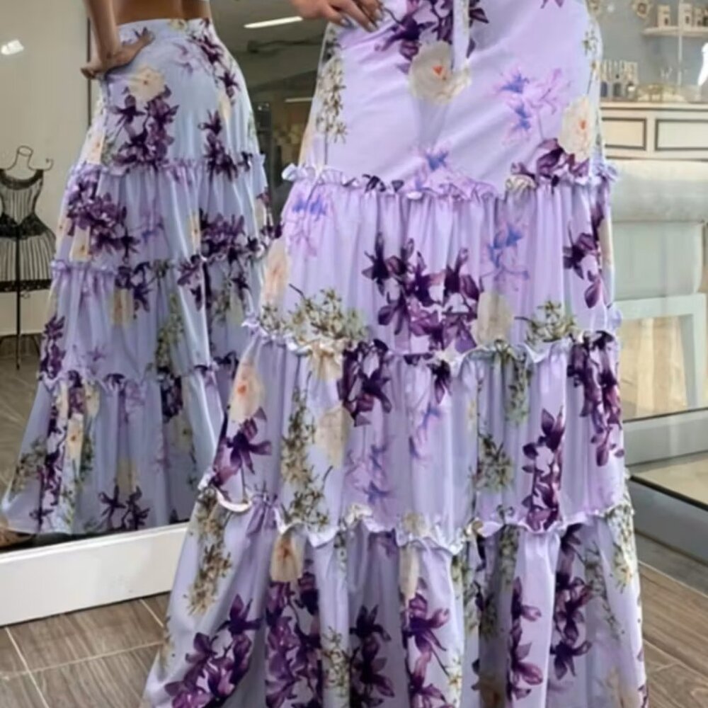 New Women's Lavender Floral Print Long Flare Tier Skirt  L
